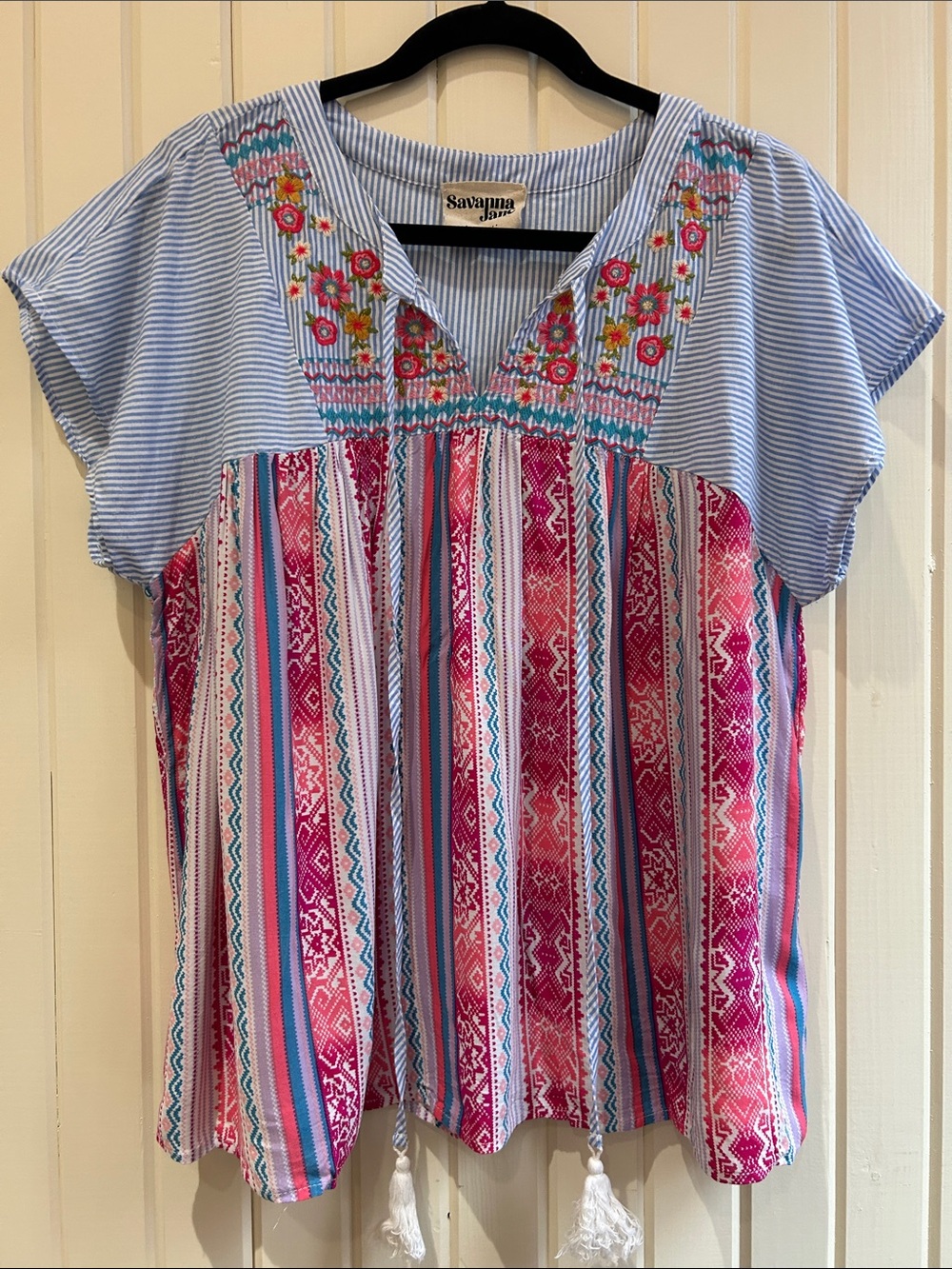 Savanna Jane Blue Striped Embroidered Boho Tunic with Pink Accents